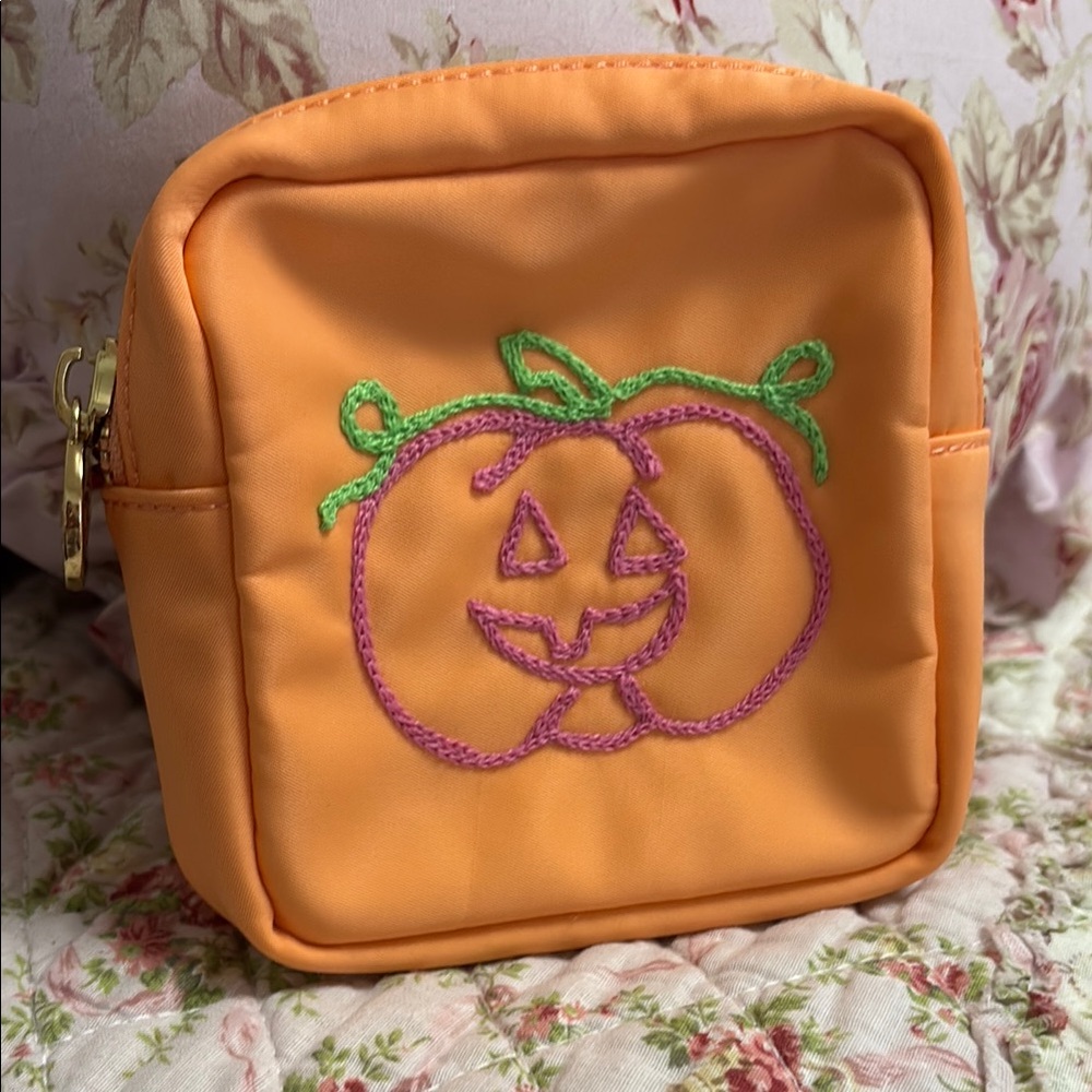 Stoney Clover Lane Orange Pumpkin Halloween Embroidered Mini Pouch